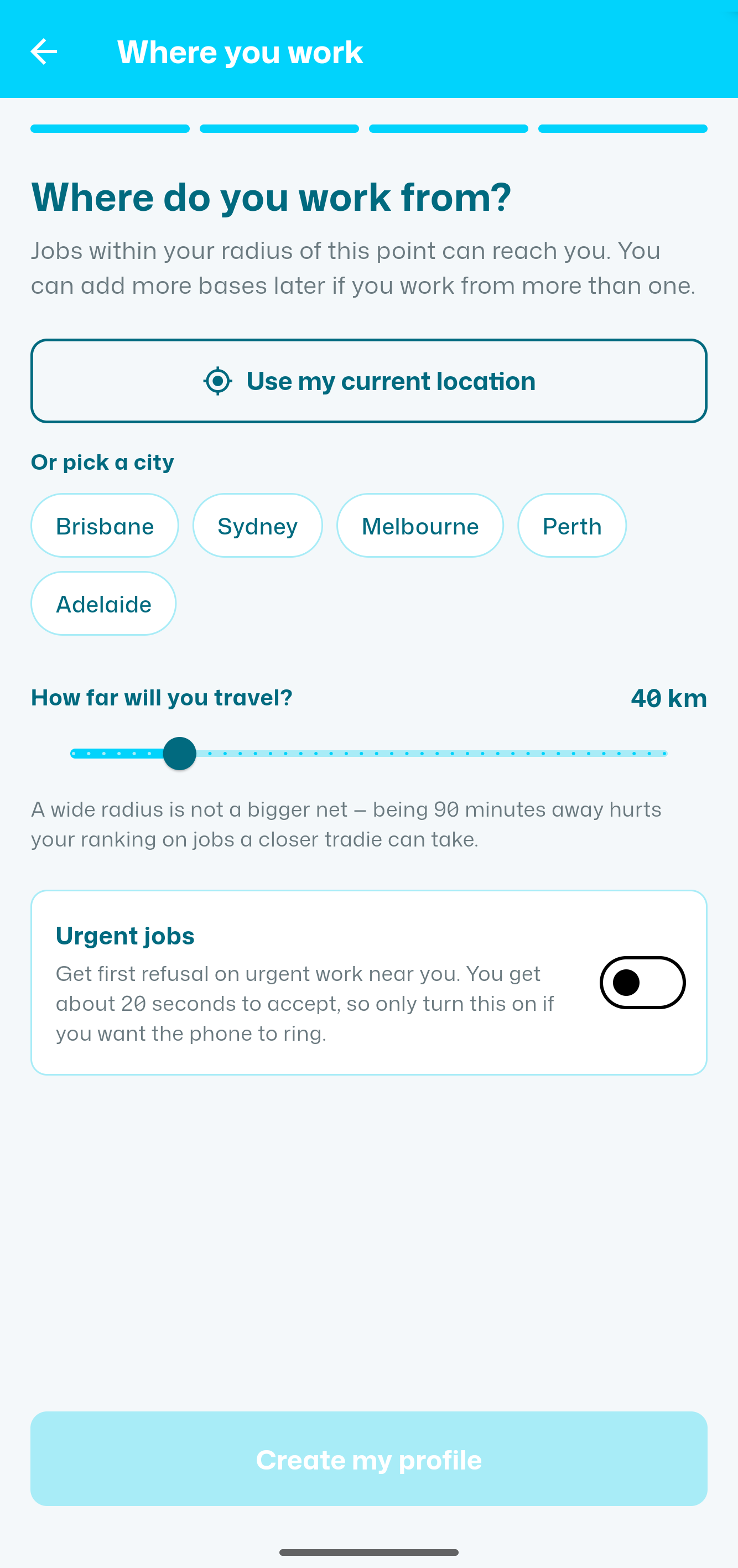 A tradie setting their service area and urgent-job availability