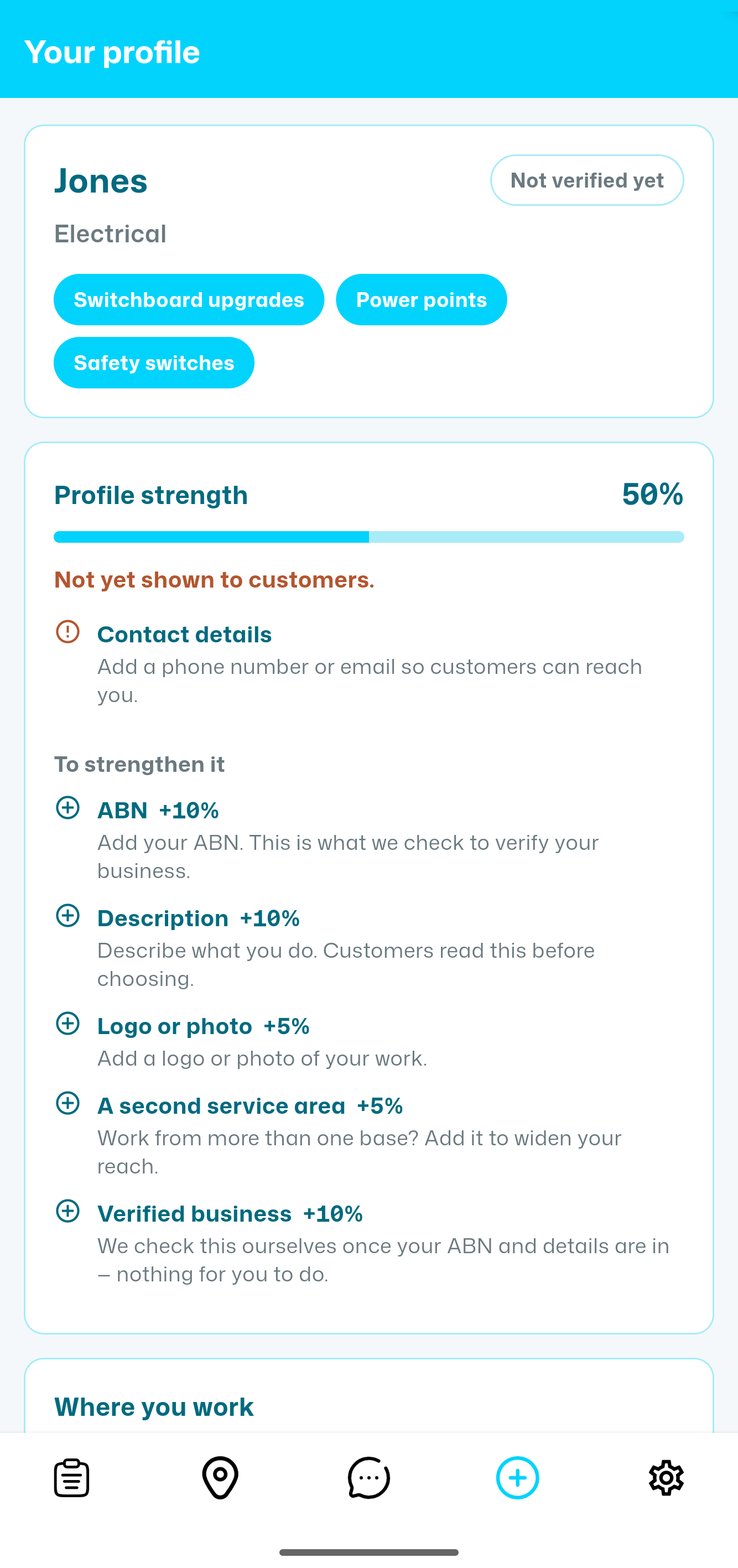 An electrician's profile and completeness score